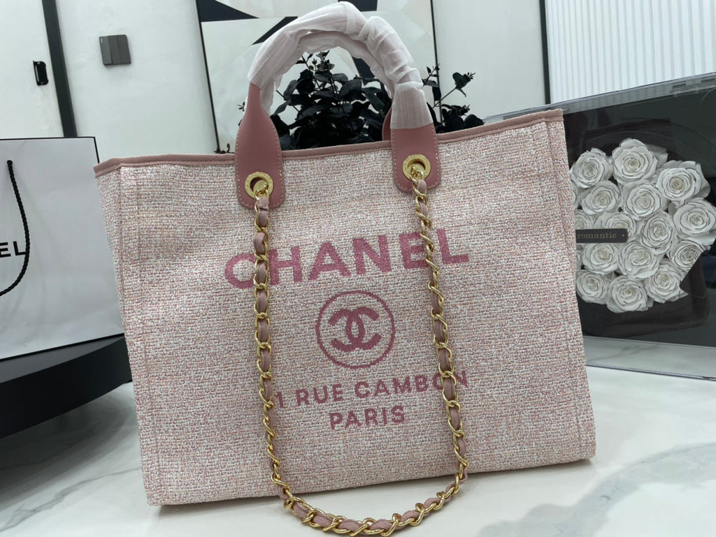 SAC CC DEAUVILLE EN TWEED CUIR ROSE QUINCAILLERIE DORÉ 3