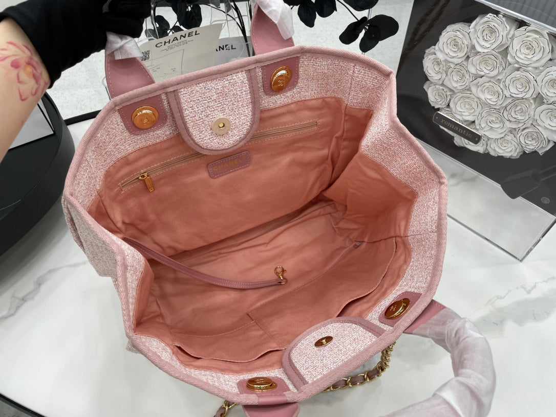 SAC CC DEAUVILLE EN TWEED CUIR ROSE QUINCAILLERIE DORÉ 3