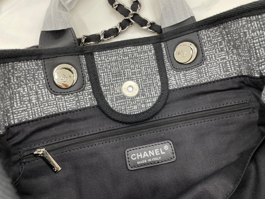SAC CC DEAUVILLE EN TWEED CUIR NOIR QUINCAILLERIE ARGENTÉE 8
