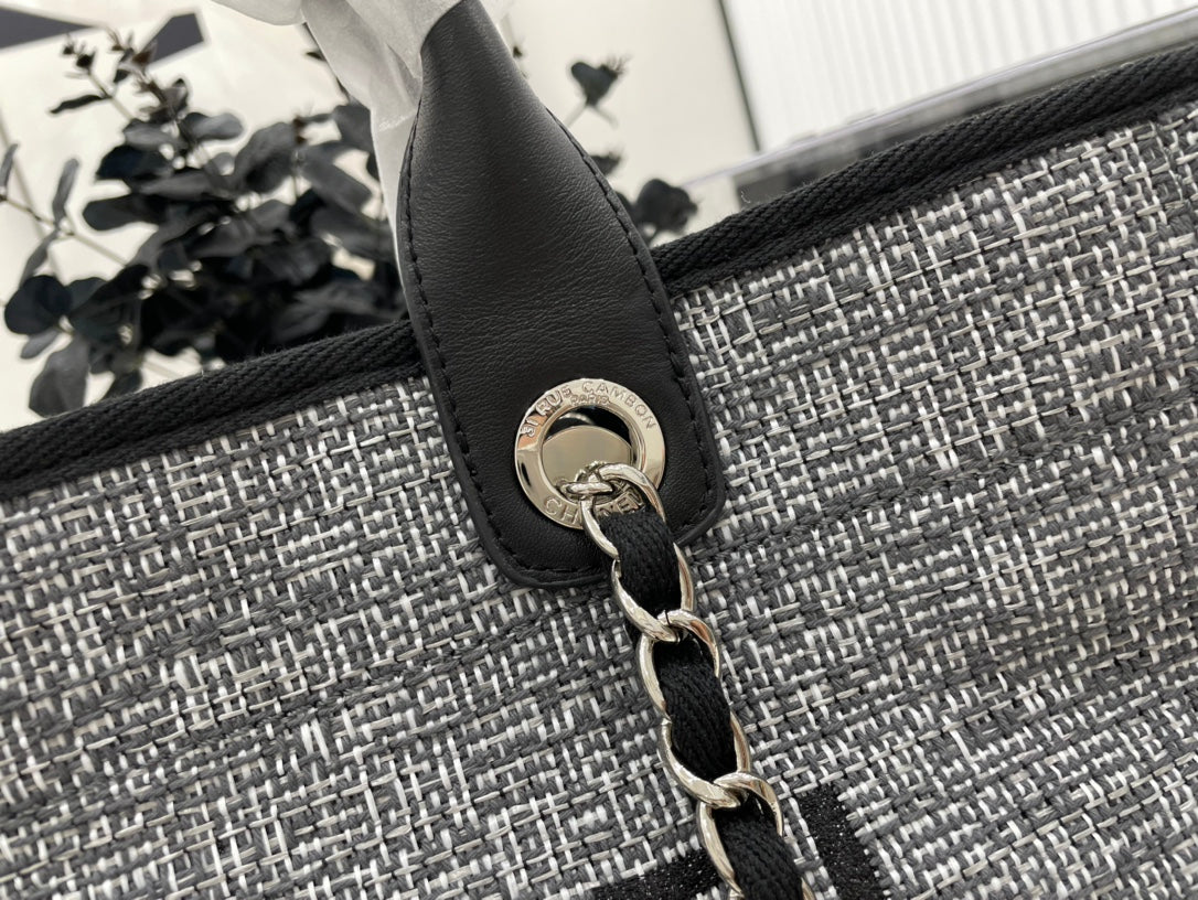 SAC CC DEAUVILLE EN TWEED CUIR NOIR QUINCAILLERIE ARGENTÉE 8