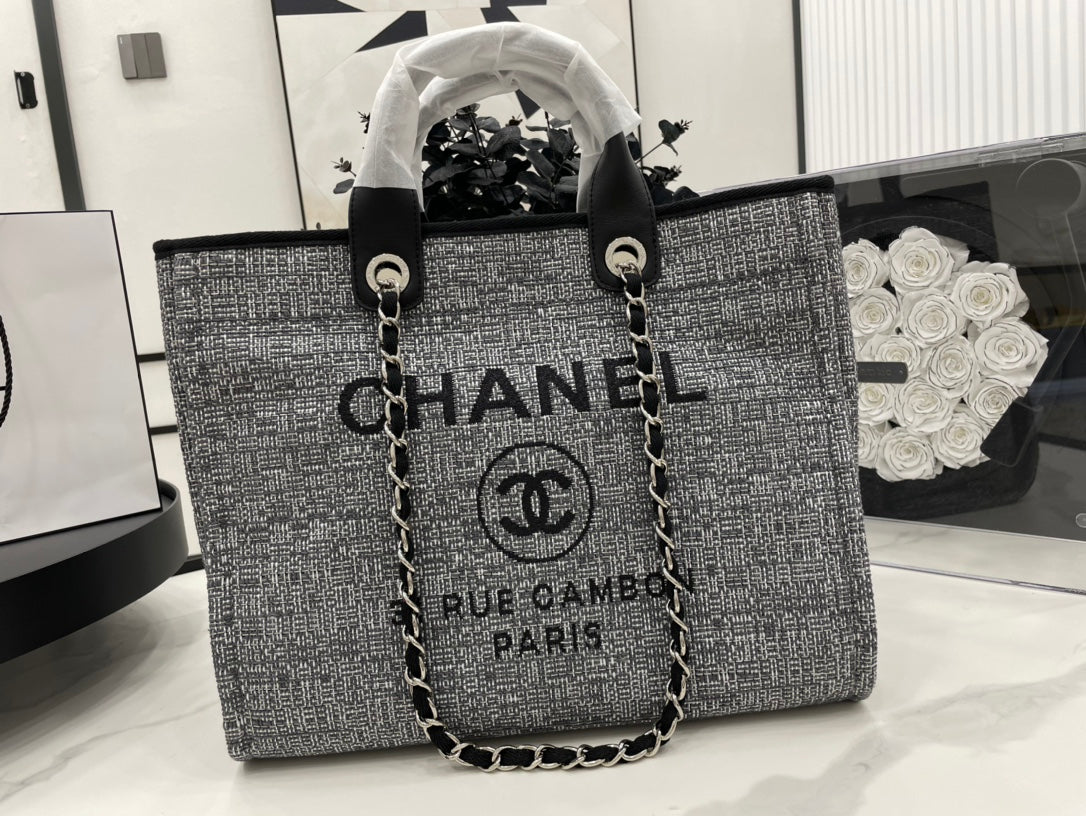 CC DEAUVILLE TWEED BAG BLACK LEATHER SILVER HARDWARE 8