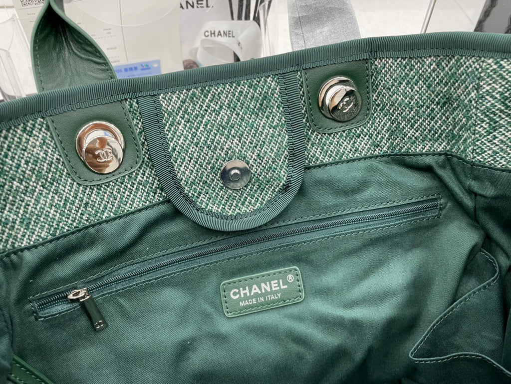 SAC CC DEAUVILLE TWEED CUIR VERT QUINCAILLERIE ARGENTÉE 10