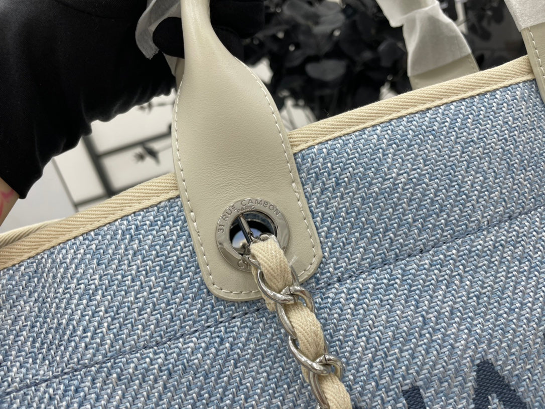 SAC CC DEAUVILLE EN TWEED CUIR BEIGE CLAIR QUINCAILLERIE ARGENTÉE 15