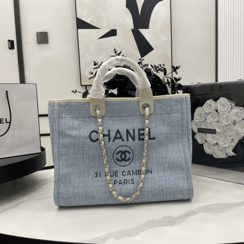 SAC CC DEAUVILLE EN TWEED CUIR BEIGE CLAIR QUINCAILLERIE ARGENTÉE 15