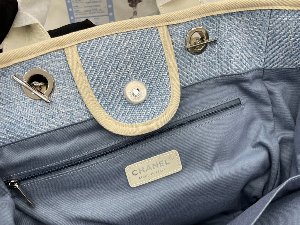 SAC CC DEAUVILLE EN TWEED CUIR BEIGE CLAIR QUINCAILLERIE ARGENTÉE 15