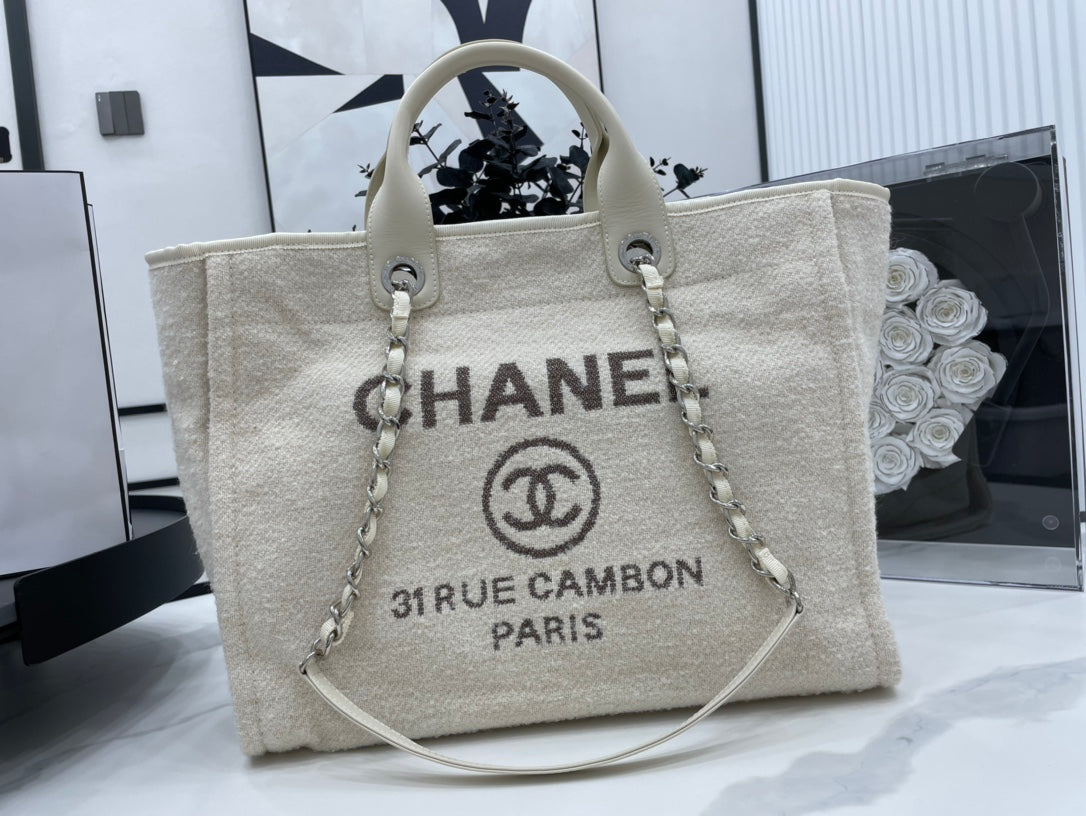 CC DEAUVILLE TWEED BAG LIGHT BEIGE LEATHER SILVER HARDWARE 9