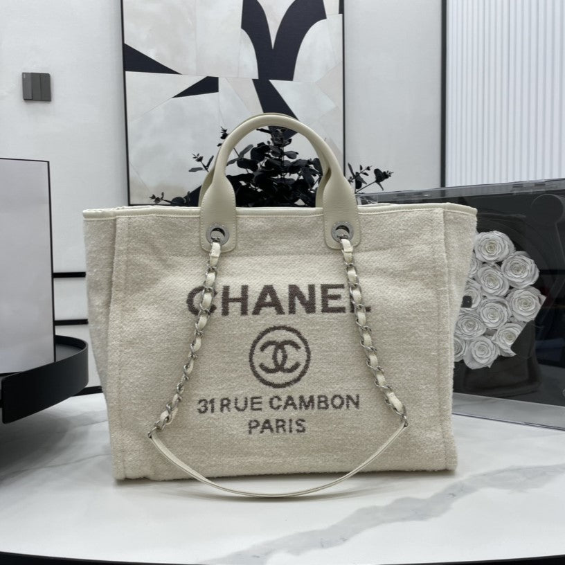 CC DEAUVILLE TWEED BAG LIGHT BEIGE LEATHER SILVER HARDWARE 9