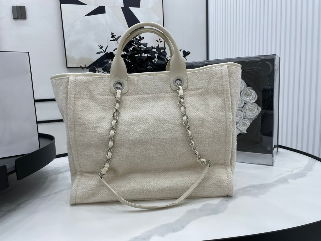 CC DEAUVILLE TWEED BAG LIGHT BEIGE LEATHER SILVER HARDWARE 9