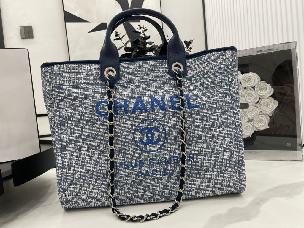 SAC CC DEAUVILLE TWEED CUIR BLEU QUINCAILLERIE ARGENTÉE 5