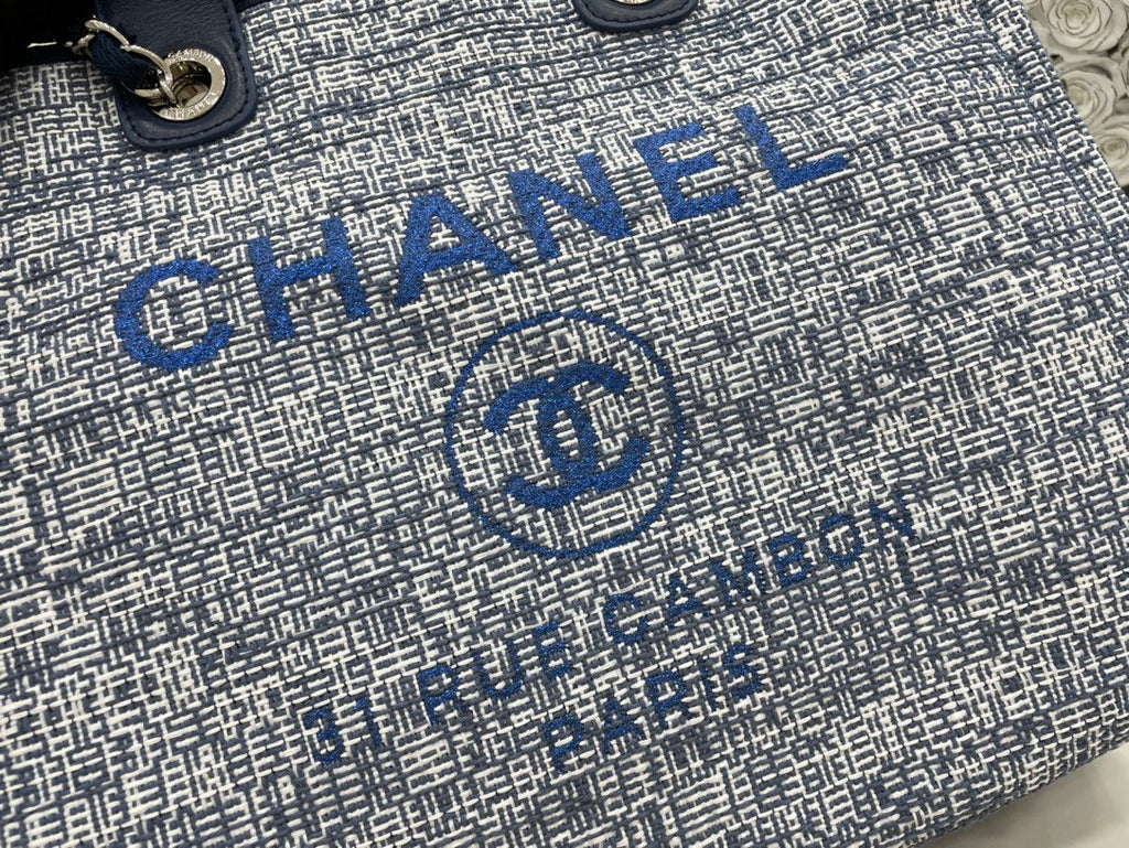 SAC CC DEAUVILLE TWEED CUIR BLEU QUINCAILLERIE ARGENTÉE 5