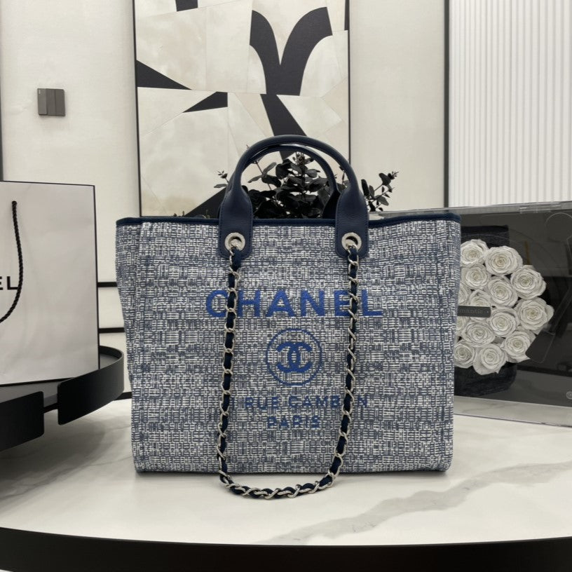 CC DEAUVILLE TWEED BAG BLUE LEATHER SILVER HARDWARE 5