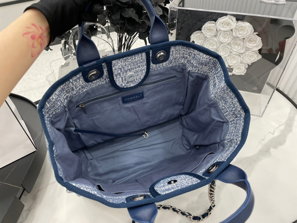 SAC CC DEAUVILLE TWEED CUIR BLEU QUINCAILLERIE ARGENTÉE 5