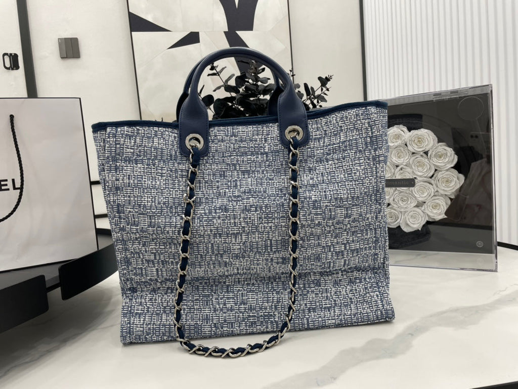 SAC CC DEAUVILLE TWEED CUIR BLEU QUINCAILLERIE ARGENTÉE 5