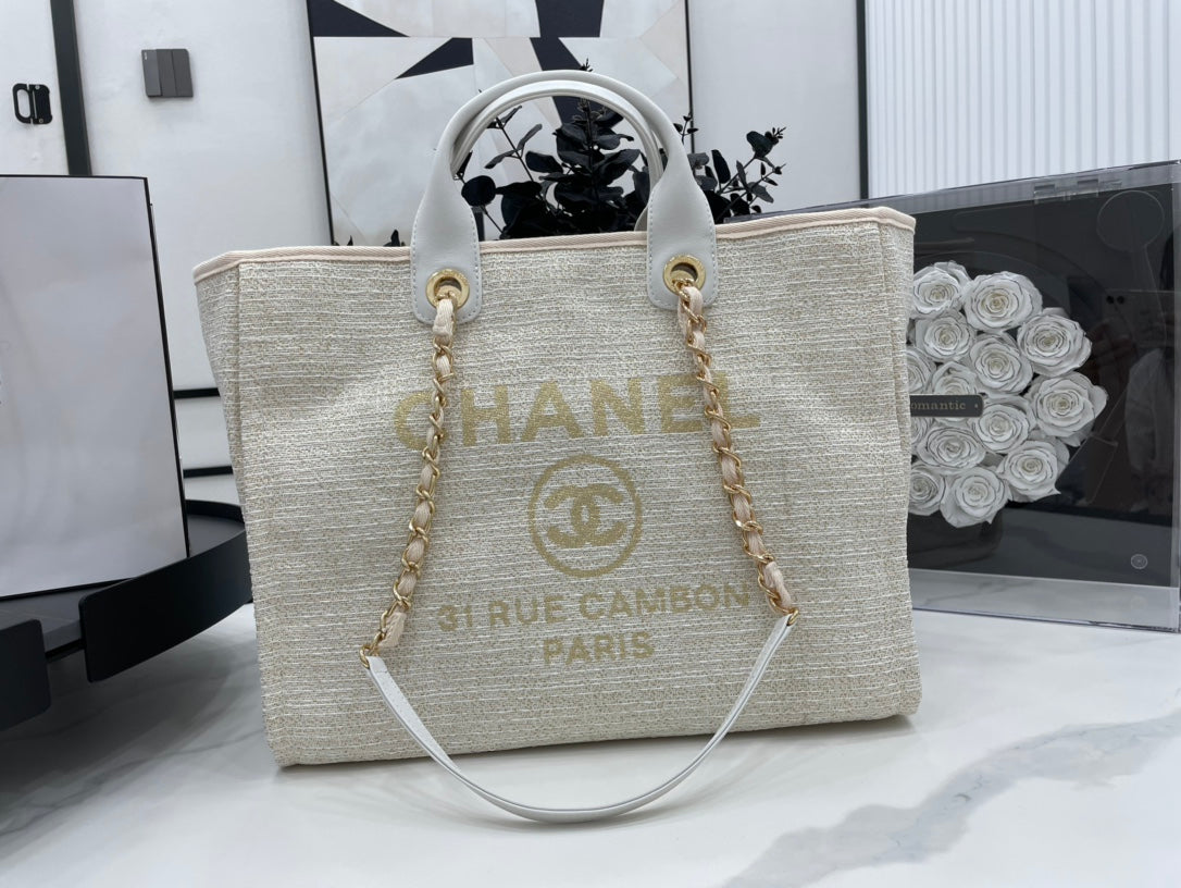 CC DEAUVILLE TWEED BAG WHITE LEATHER GOLD HARDWARE 4