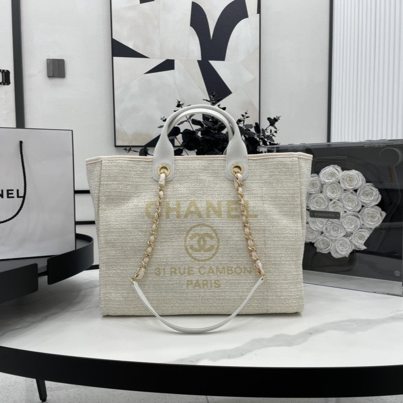 CC DEAUVILLE TWEED BAG WHITE LEATHER GOLD HARDWARE 4