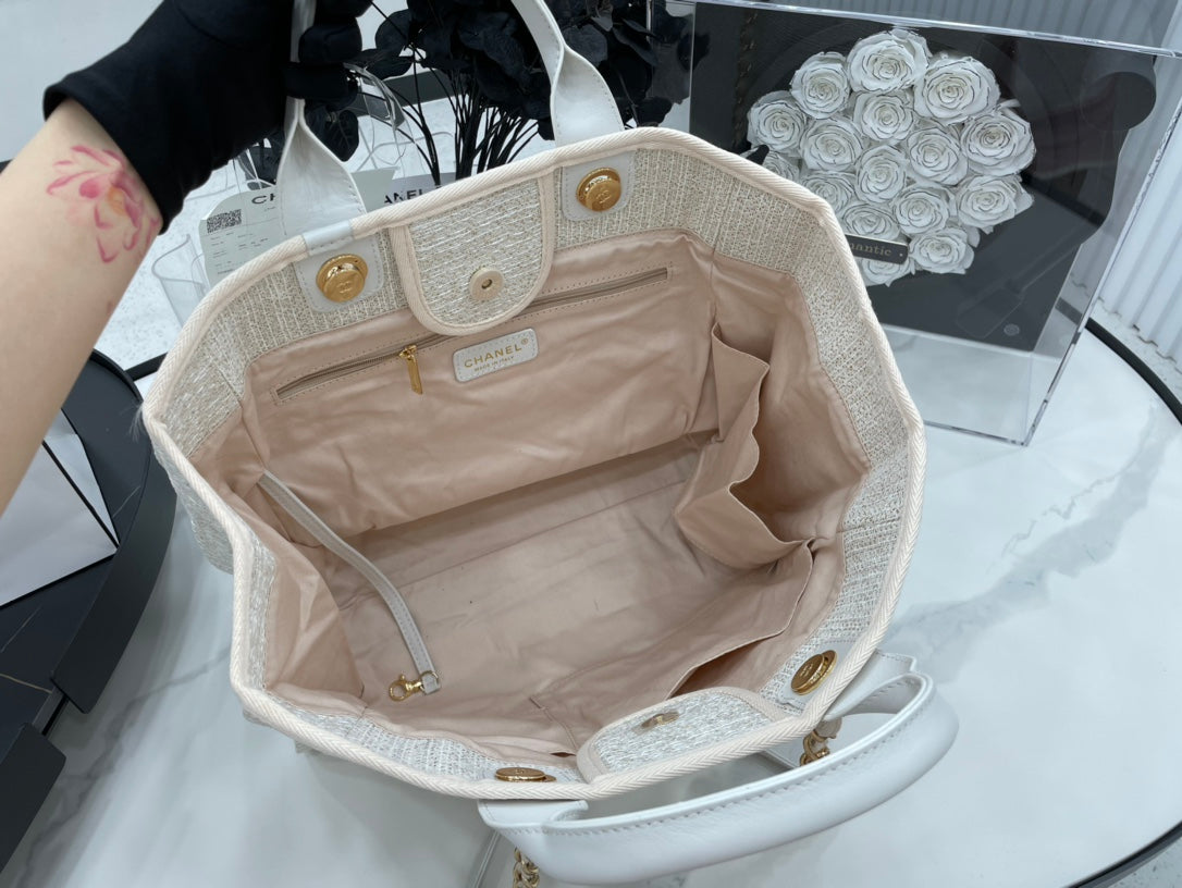 SAC CC DEAUVILLE EN TWEED CUIR BLANC QUINCAILLERIE DORÉE 4
