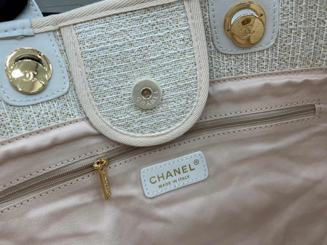 SAC CC DEAUVILLE EN TWEED CUIR BLANC QUINCAILLERIE DORÉE 4