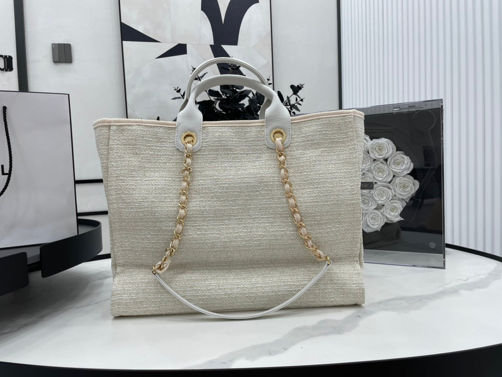 SAC CC DEAUVILLE EN TWEED CUIR BLANC QUINCAILLERIE DORÉE 4