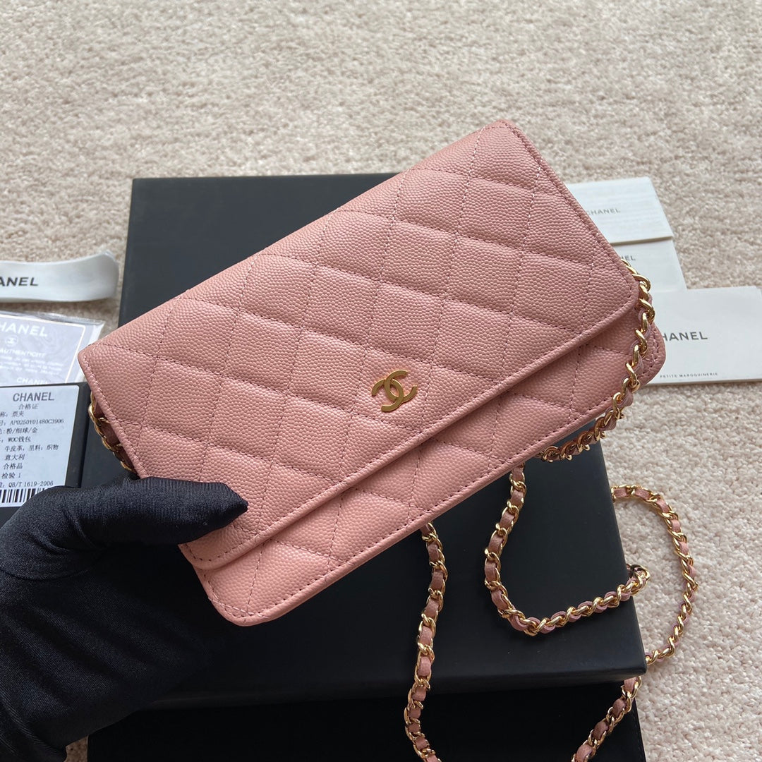 CC WOC 20CM CUIR DE VEAU GRAINÉ ROSE QUINCAILLERIE DORÉ