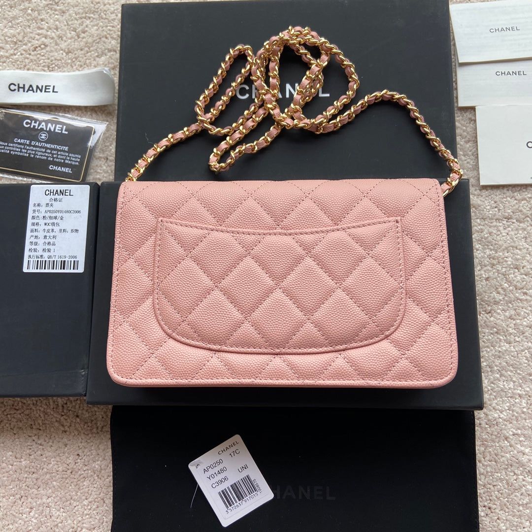 CC WOC 20CM CUIR DE VEAU GRAINÉ ROSE QUINCAILLERIE DORÉ