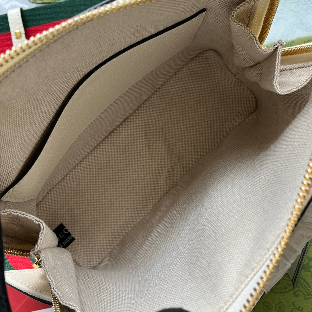 GGXADIDAS HORSEBIT 1955 TOTE BAG 20 WITH WEB STRAP IN WHITE MIX BLACK CALFSKIN GOLD HARDWARE