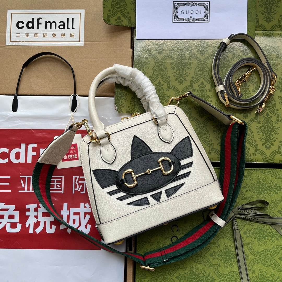 GGXADIDAS HORSEBIT 1955 TOTE BAG 20 WITH WEB STRAP IN WHITE MIX BLACK CALFSKIN GOLD HARDWARE