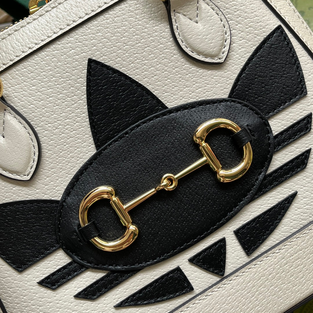 GGXADIDAS HORSEBIT 1955 TOTE BAG 20 WITH WEB STRAP IN WHITE MIX BLACK CALFSKIN GOLD HARDWARE