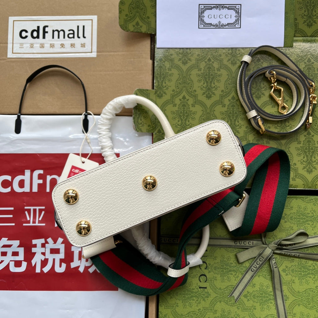 GGXADIDAS HORSEBIT 1955 TOTE BAG 20 WITH WEB STRAP IN WHITE MIX BLACK CALFSKIN GOLD HARDWARE