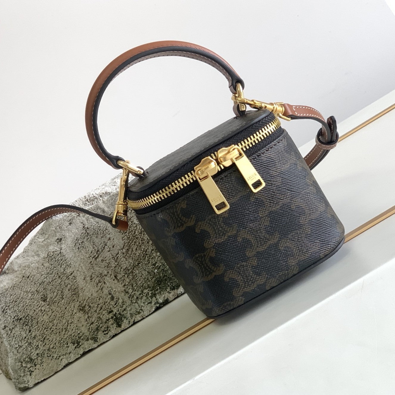 MINI VANITY CASE TRIOMPHE TOILE ET CUIR DE VACHETTE TAN