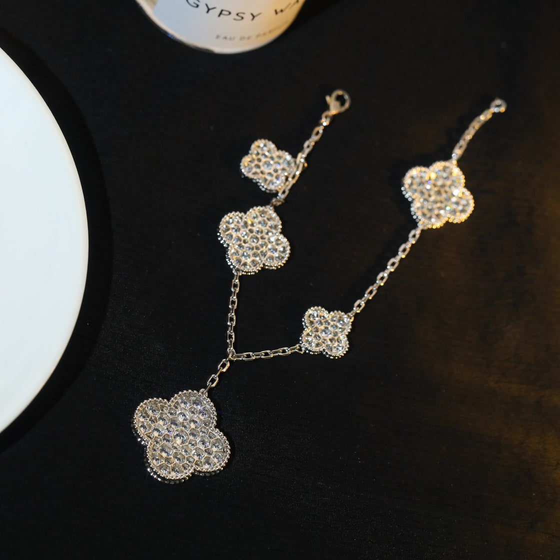 CLOVER BRACELET 5 MOTIF SILVER DIAMOND PAVED