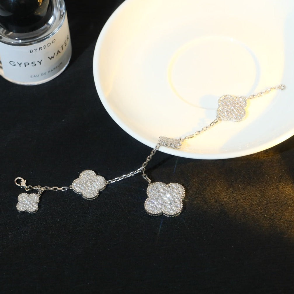 CLOVER BRACELET 5 MOTIF SILVER DIAMOND PAVED