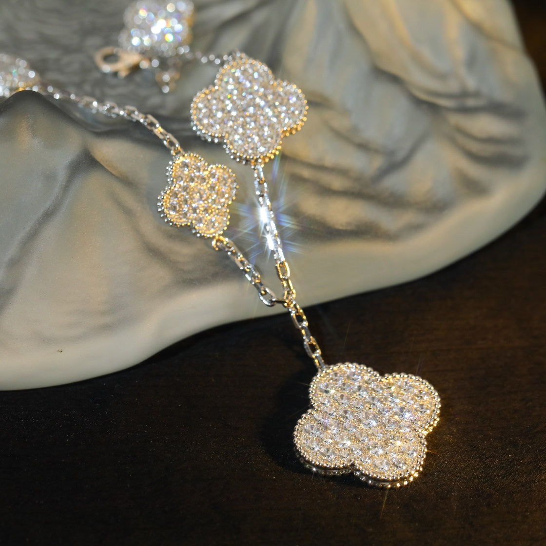 CLOVER BRACELET 5 MOTIF SILVER DIAMOND PAVED
