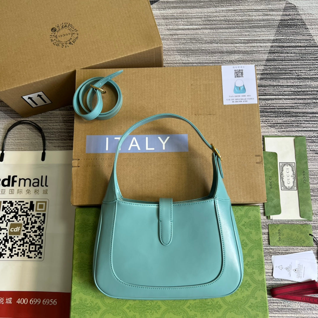 SAC À BANDOULIÈRE GG JACKIE SMALL 28 EN CUIR DE VEAU BLEU PASTEL