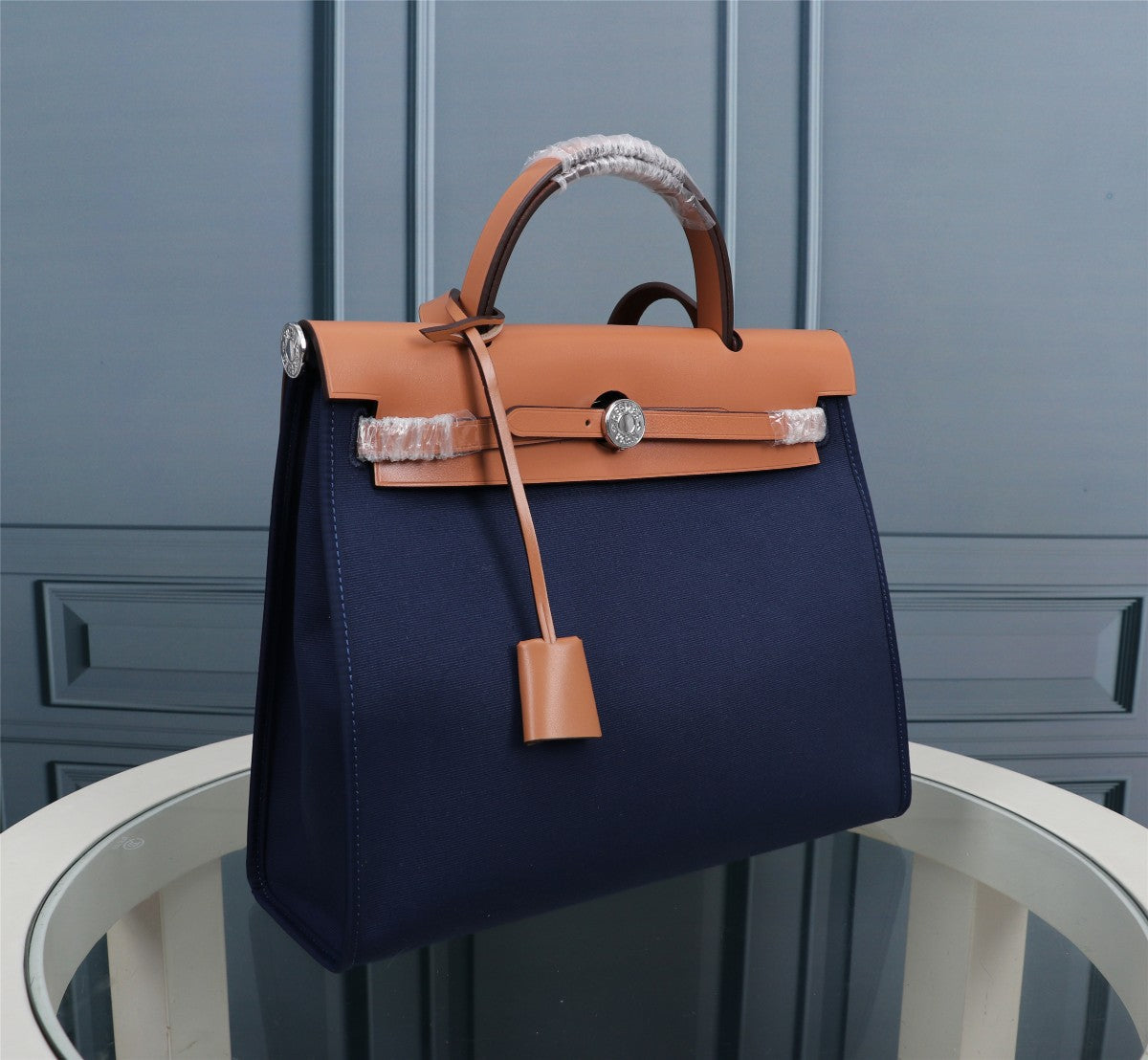 HM HERBAG ZIP 31 TOILE BLEU MARINE ET BRONZE