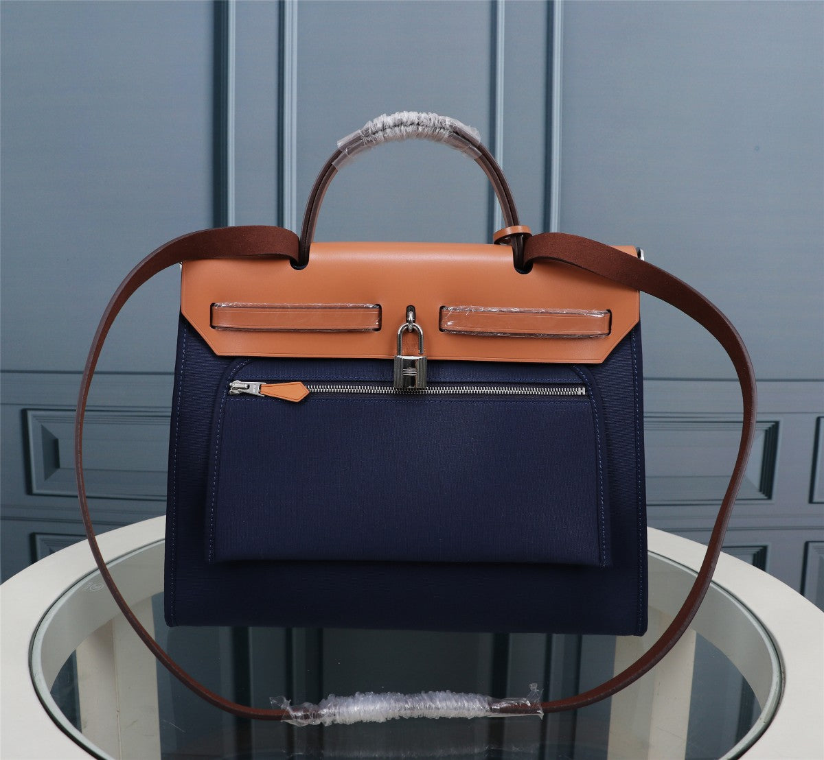 HM HERBAG ZIP 31 TOILE BLEU MARINE ET BRONZE