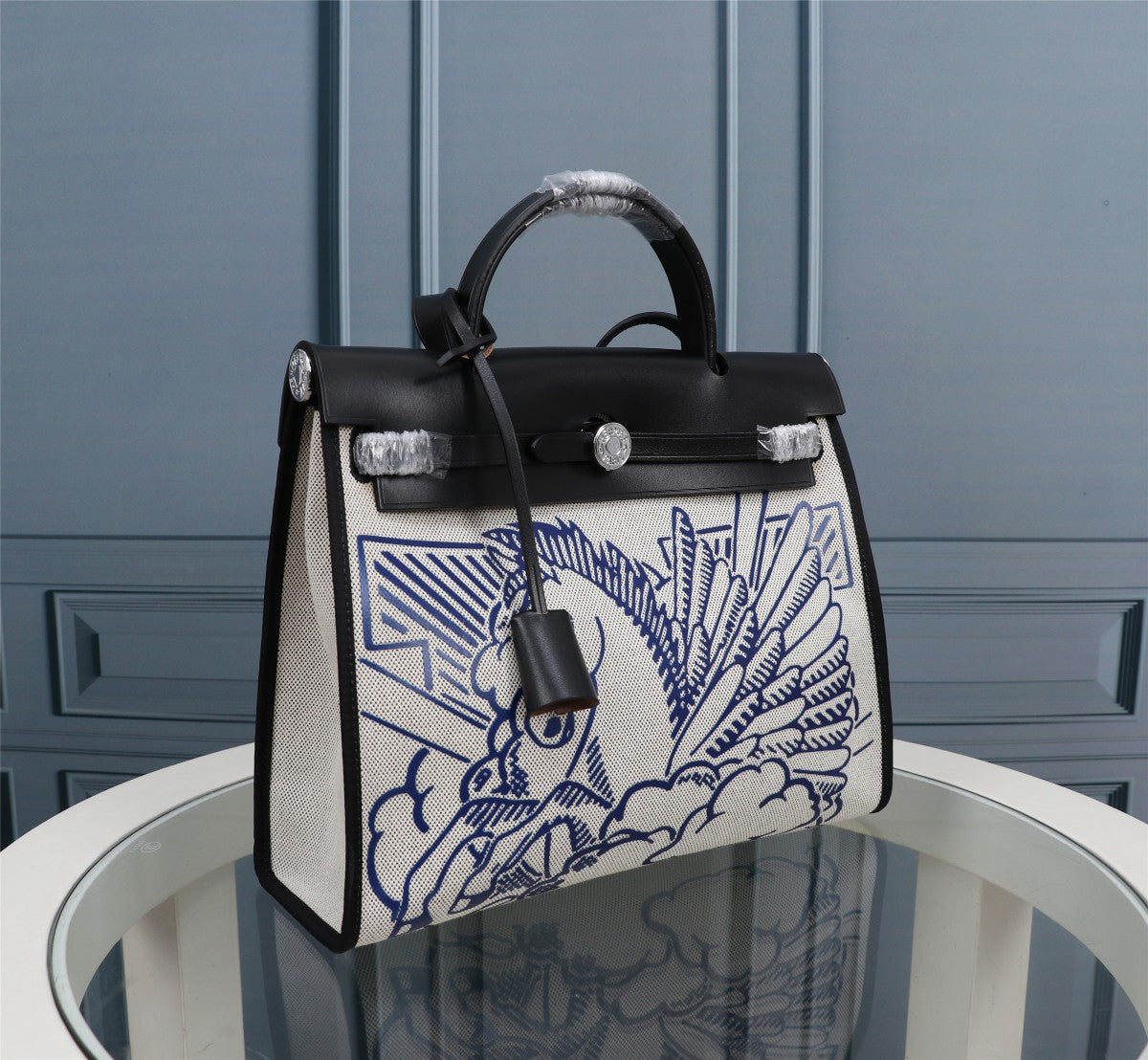 HM HERBAG ZIP 31 TOILE MOTIF CHEVAL NOIR ET BLANC