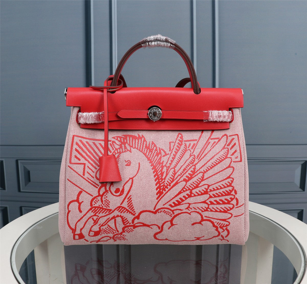HM HERBAG ZIP 31 TOILE MOTIF CHEVAL ROUGE ET BLANC