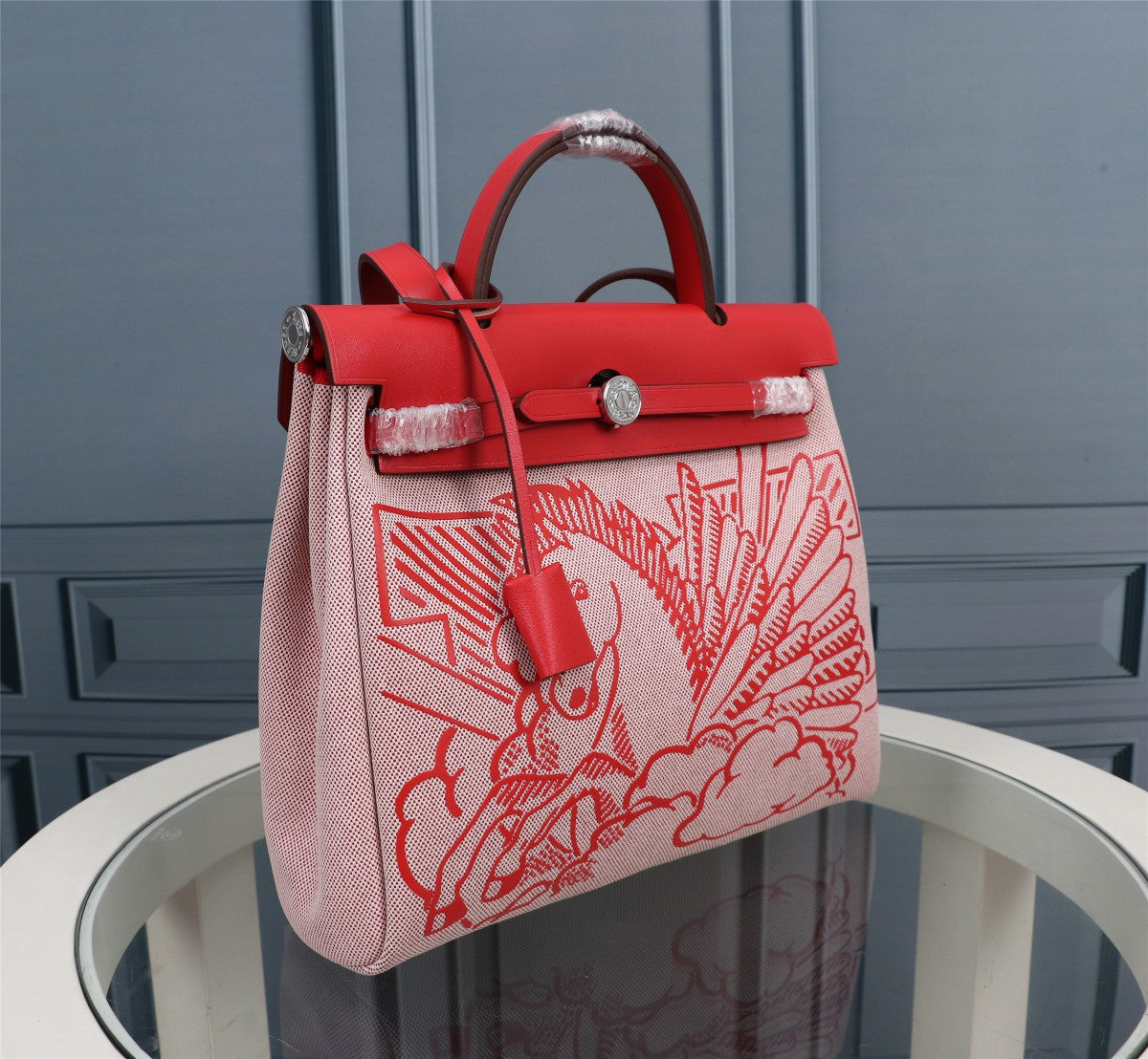 HM HERBAG ZIP 31 TOILE MOTIF CHEVAL ROUGE ET BLANC