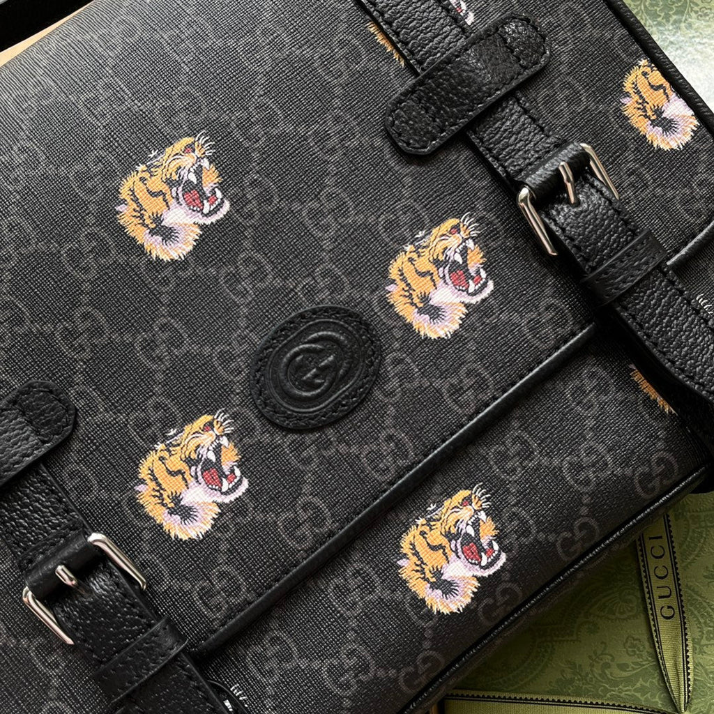 SAC MESSAGER IMPRIMÉ TIGRE 28 EN TOILE NOIRE ET BORDURE EN CUIR