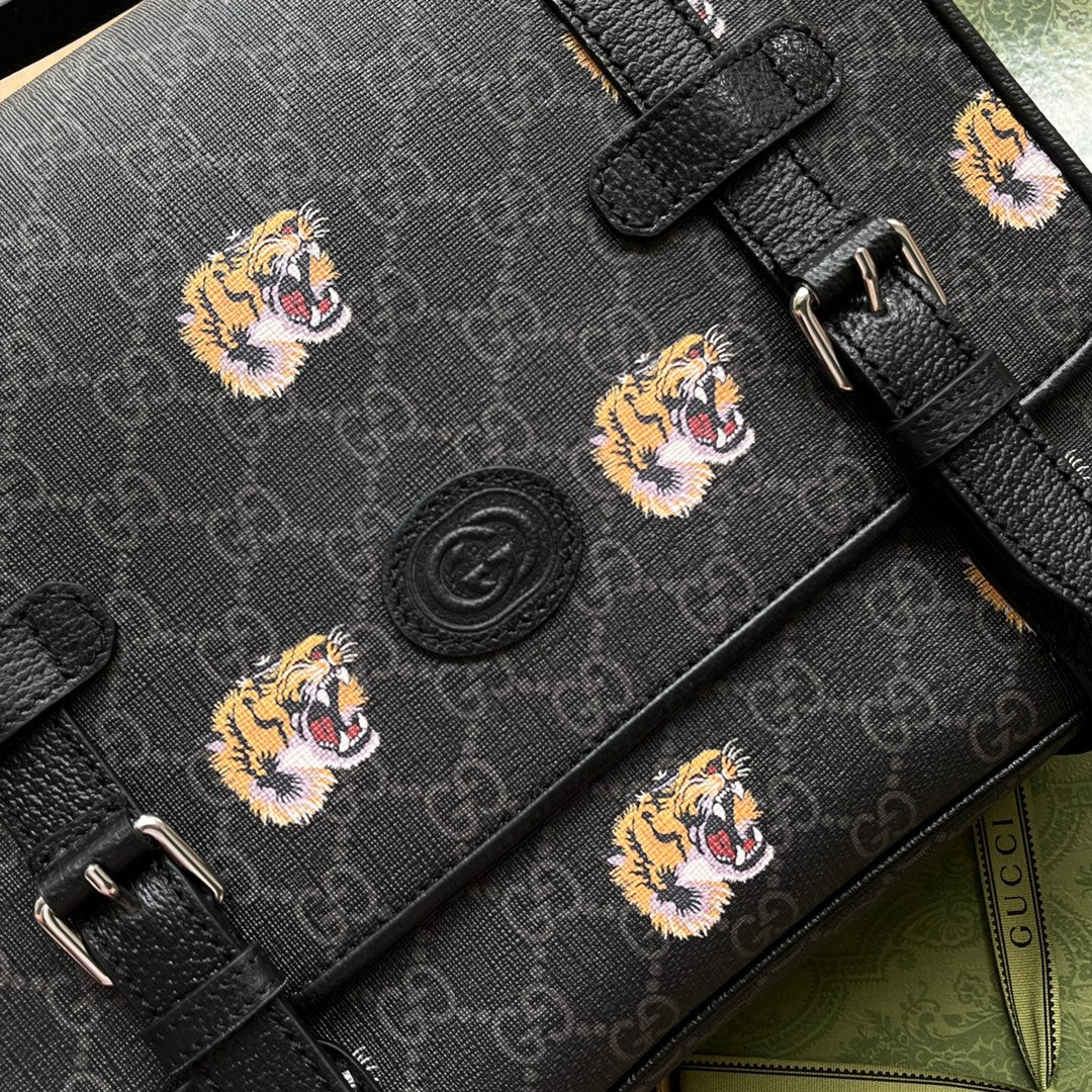 SAC MESSAGER IMPRIMÉ TIGRE 28 EN TOILE NOIRE ET BORDURE EN CUIR