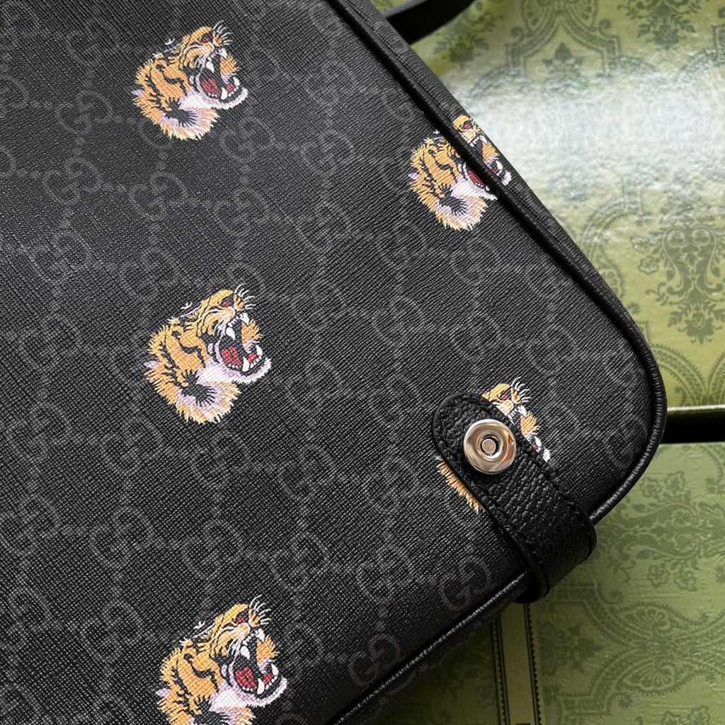 SAC MESSAGER IMPRIMÉ TIGRE 28 EN TOILE NOIRE ET BORDURE EN CUIR