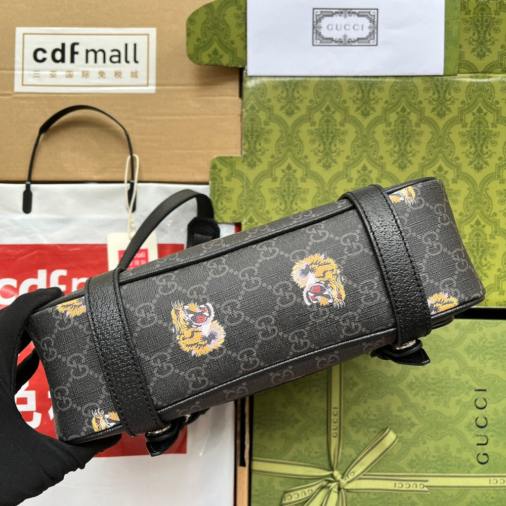 SAC MESSAGER IMPRIMÉ TIGRE 28 EN TOILE NOIRE ET BORDURE EN CUIR