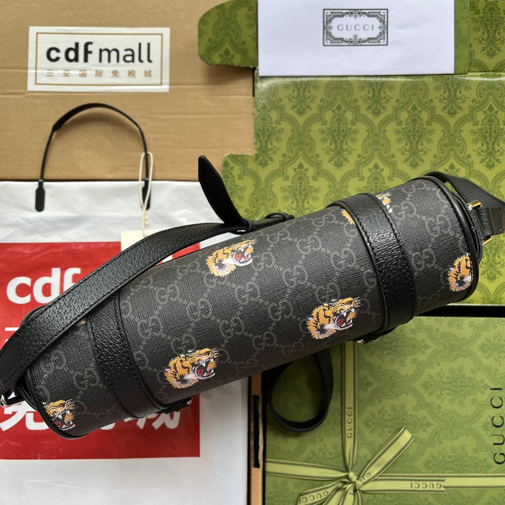 SAC MESSAGER IMPRIMÉ TIGRE 28 EN TOILE NOIRE ET BORDURE EN CUIR