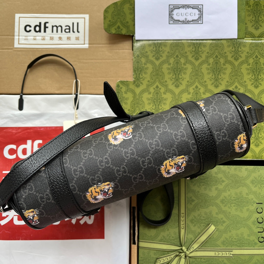 SAC MESSAGER IMPRIMÉ TIGRE 28 EN TOILE NOIRE ET BORDURE EN CUIR