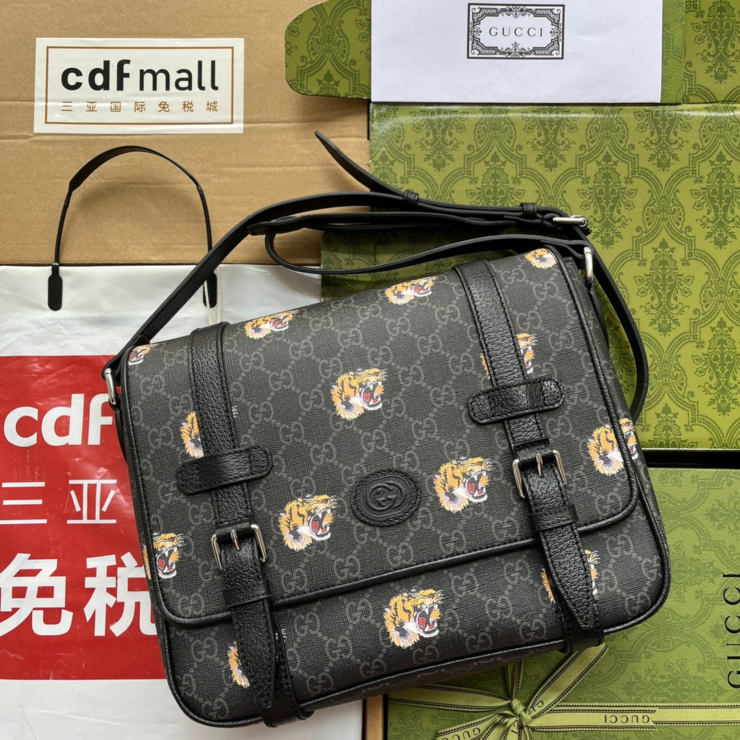 SAC MESSAGER IMPRIMÉ TIGRE 28 EN TOILE NOIRE ET BORDURE EN CUIR