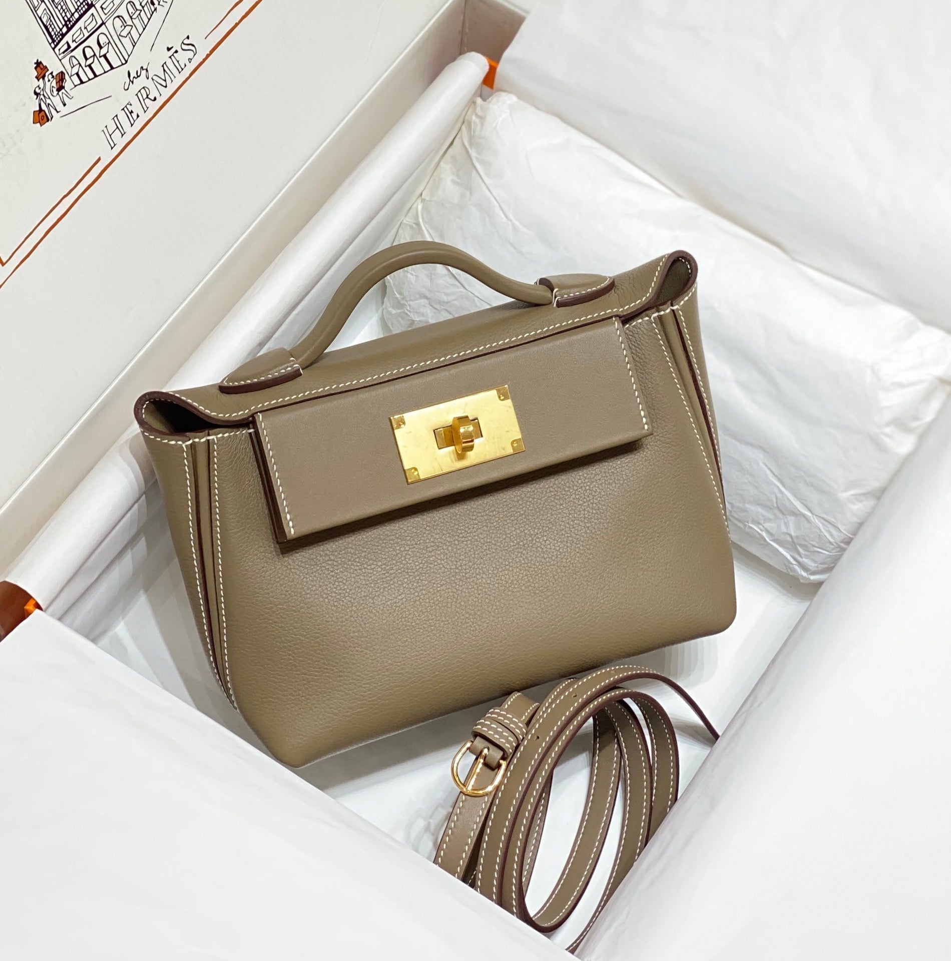 SAC À MAIN HM KELLY 21 EN CUIR DE VEAU KAKI
