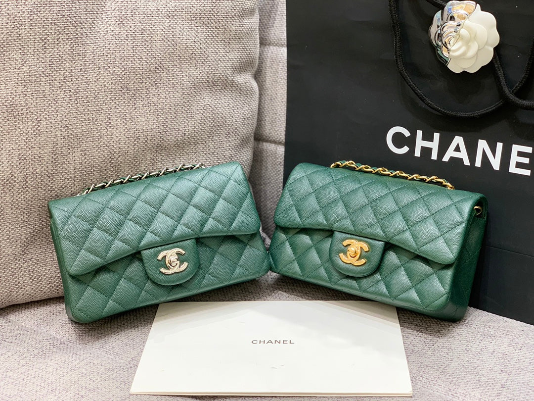 FLAP BAG MINI 20CM DARK BLUE GREEN CAVIAR GOLD HARDWARE
