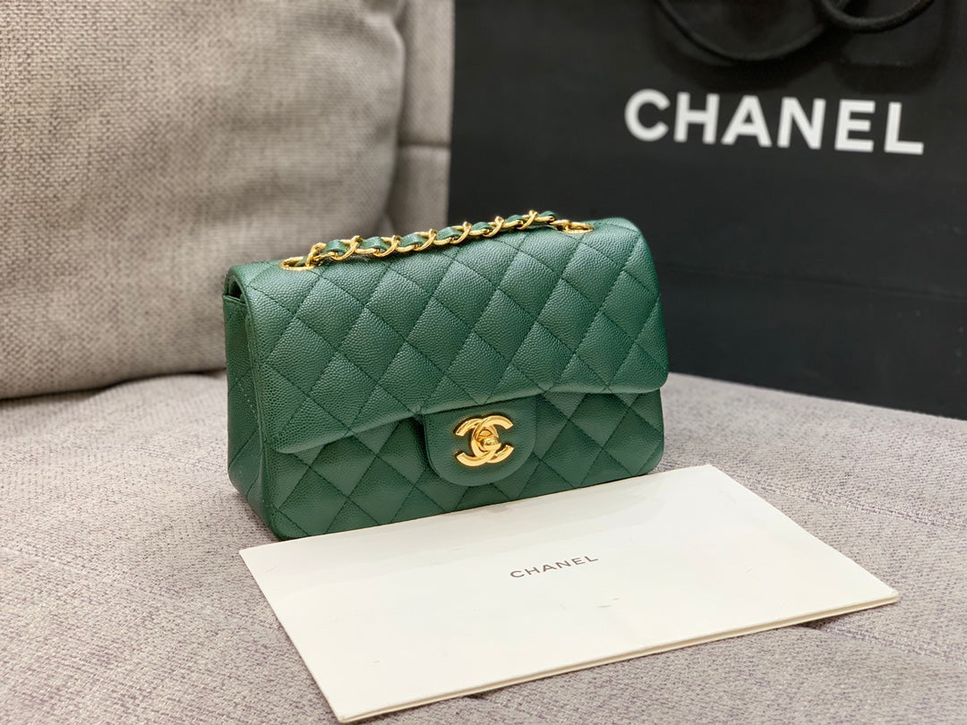 FLAP BAG MINI 20CM DARK BLUE GREEN CAVIAR GOLD HARDWARE