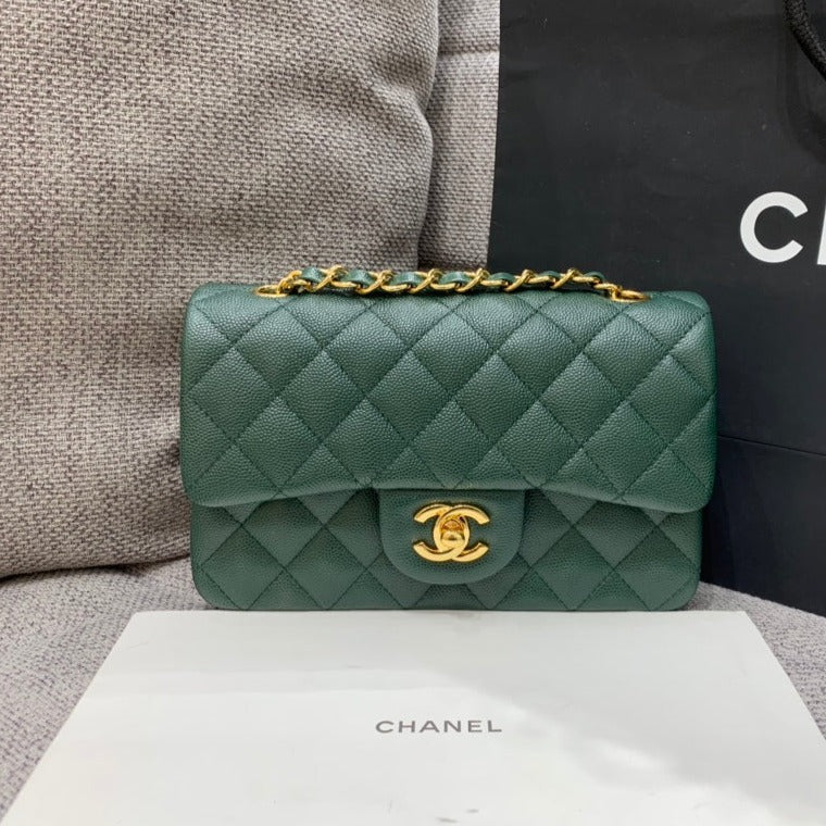 FLAP BAG MINI 20CM DARK BLUE GREEN CAVIAR GOLD HARDWARE