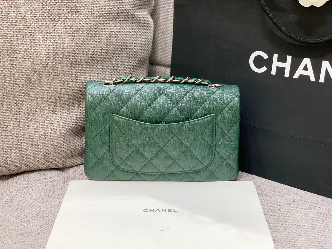 FLAP BAG MINI 20CM DARK BLUE GREEN CAVIAR SILVER HARDWARE
